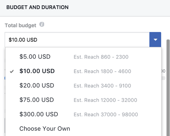 Du kan angi et budsjett manuelt for ditt Facebook-boostede innlegg.
