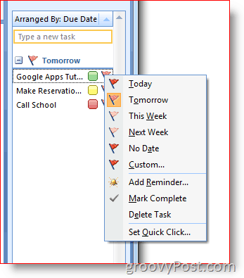 Gjøremålslinjen for Outlook 2007 - Høyreklikk på flagg for menyen Alternativer