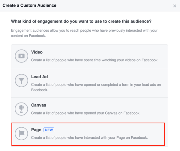 Velg Side for å opprette et tilpasset Facebook-publikum.
