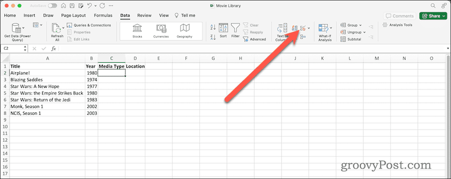 Datavalideringsknapp i Databånd i Excel