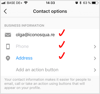 legg til kontaktinformasjon for en Instagram-forretningskonto