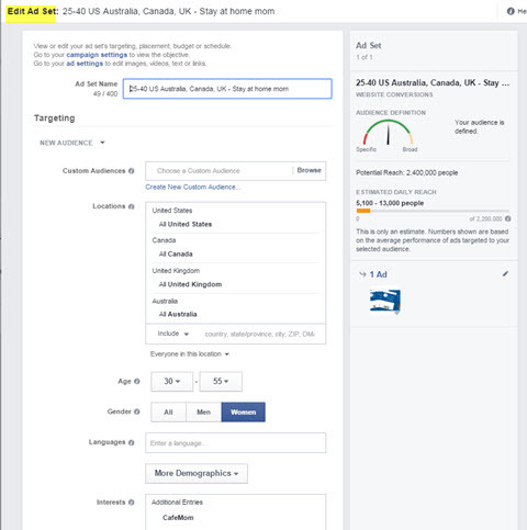 facebook ads manager redigere annonsesett målretting