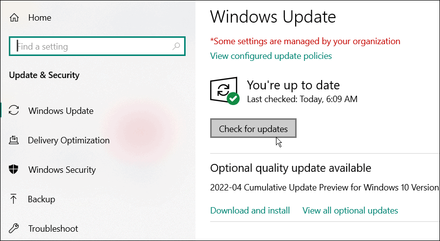 se etter oppdateringer for windows 10