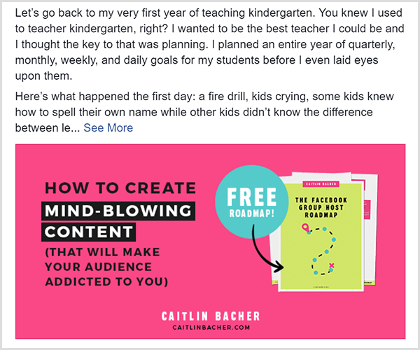 Et Facebook-innlegg fra Caitlin Bacher som viser et tilbud på hennes gratis Facebook Group Roadmap. Tilbudsbildet har stort sett svart tekst på rosa bakgrunn. Teksten Gratis veikart vises i en lyseblå sirkel og peker på et omslag på veikartet.