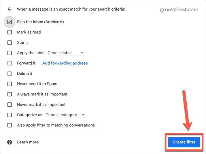 Gmail opprette filter-knapp