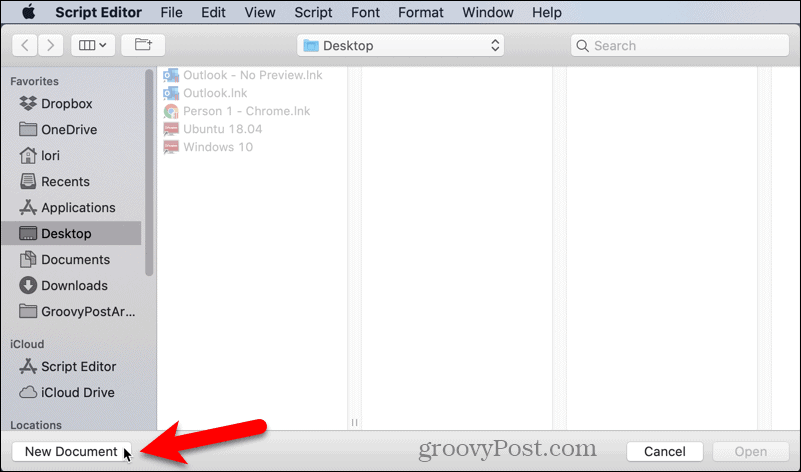 Åpne et nytt dokument i Script Editor på Mac