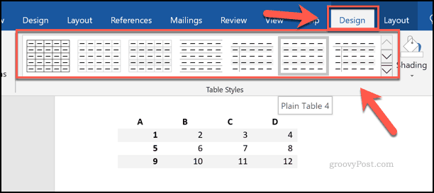 Velge tabellstiler i Word