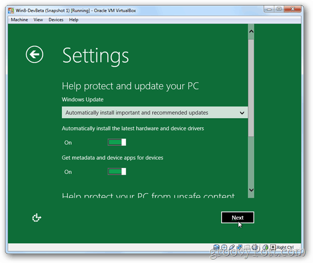 VirtualBox Windows 8-innstillinger og oppdatering