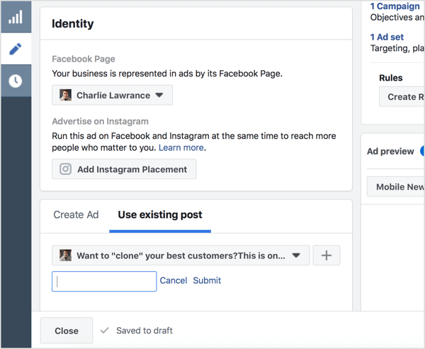 Velg Bruk eksisterende innlegg og skriv inn Facebook-post-ID.