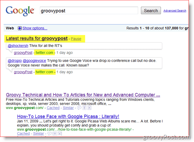 GroovyPost og Google Real-time søk