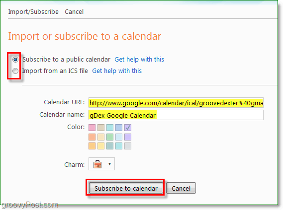 importere eller abonnere eller legge til kalender til Windows Live