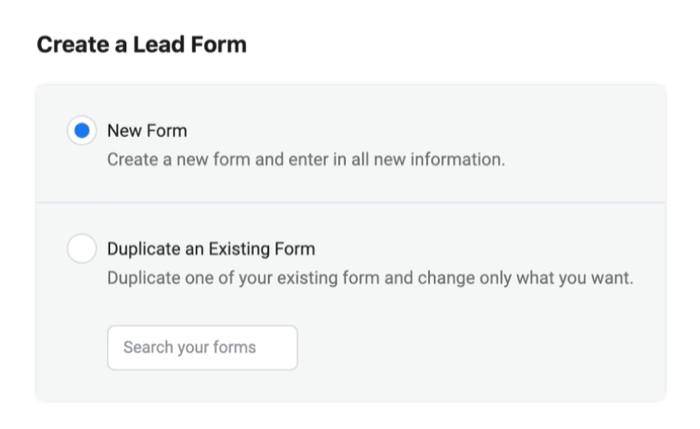 facebook-leadannonser oppretter et nytt lead-skjema med det nye skjemaalternativet valgt