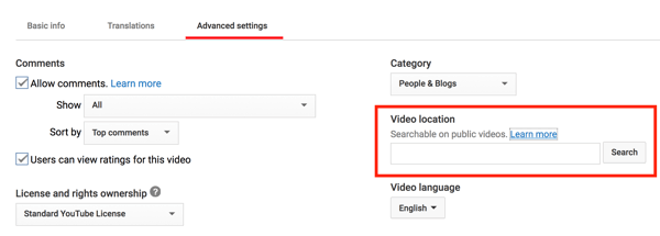 Legg til et sted i YouTube-videoen din for å gjøre den geografisk søkbar.