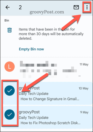 Velge e-poster i Gmail-papirkurven