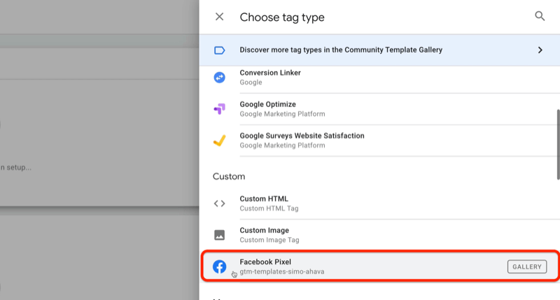 eksempel google tag manager ny tag med velg tag type meny og facebook pixel alternativet uthevet under den tilpassede delen
