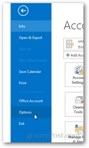 Outlook 2013 - Deaktiver vær i kalender - Klikk på Alternativer