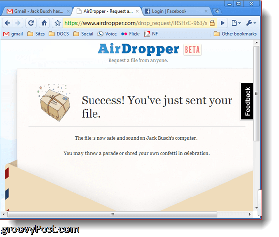 Dropbox Airdropper-skjermdump for suksessfil ble sendt
