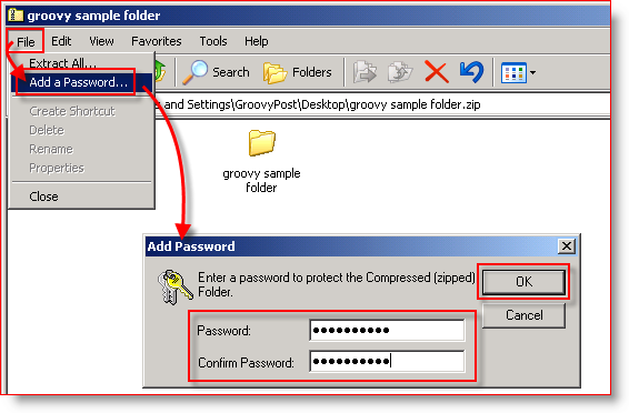 Innebygd komprimering Windows XP - Legg til passord