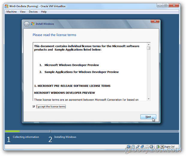 VirtualBox Windows 8 eula aksepterer lisens