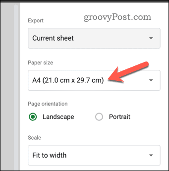 Angi papirstørrelse i forhåndsvisning av Google Sheets