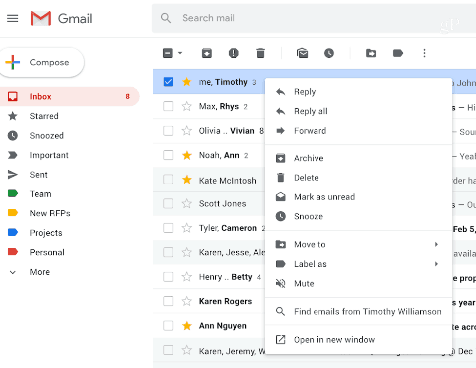 Gmail høyreklikk hurtigmeny