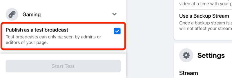 facebook live stream setup alternativ for å publisere som en testsending