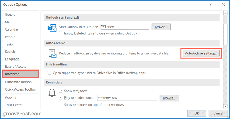 Avanserte innstillinger for automatisk arkivering i Outlook