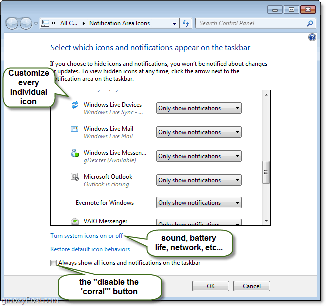 tilpasse kontrollpanelet for varslinger i Windows 7-systemskuffen