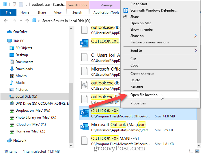 Velg Åpne filplassering i File Explorer