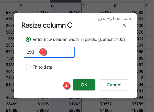 Mulighet for å endre størrelse på en kolonne i Google Sheets