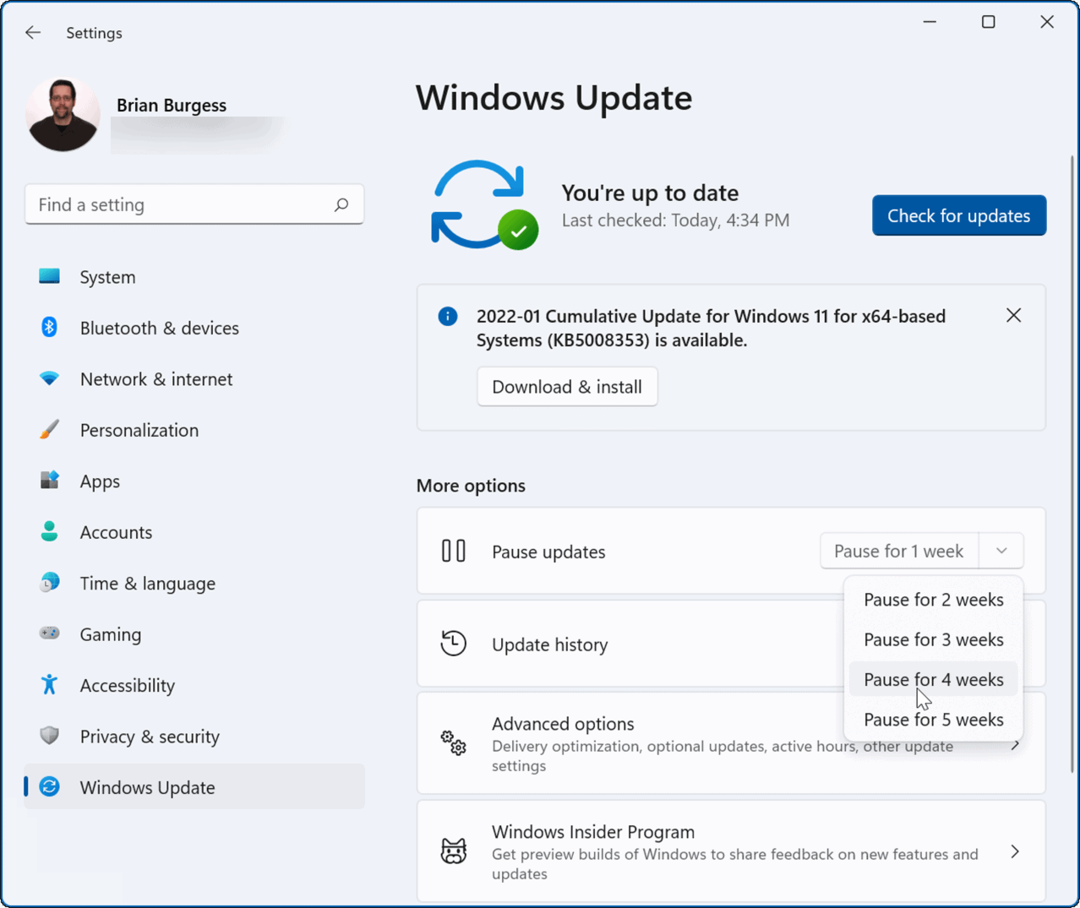 pause oppdateringer på Windows 11