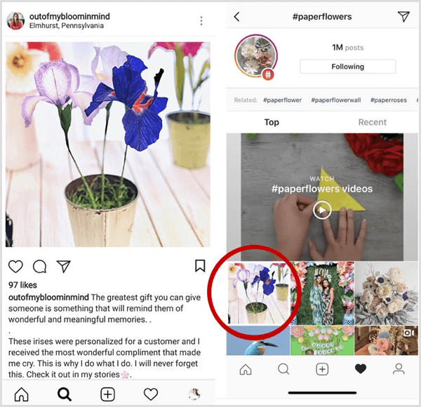 eksempel på Instagram-innlegg som vises først i søkeresultatene for en bestemt hashtag