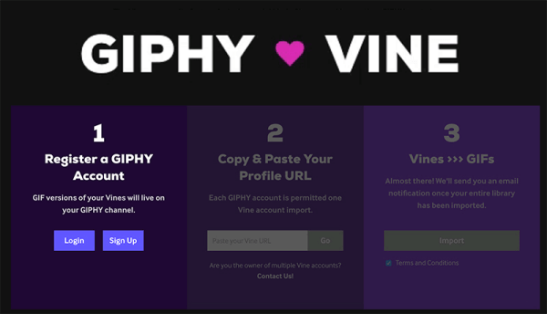 GIPHY rullet ut et nytt GIPHY ❤ Vine-verktøy som kan konvertere alle Vines du har opprettet til delbare GIF-er.