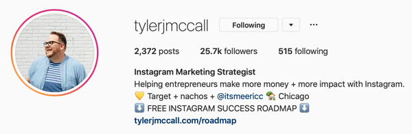 Eksempel på Instagram Business profilbilde og bioinformasjon av @tylerjmccall.