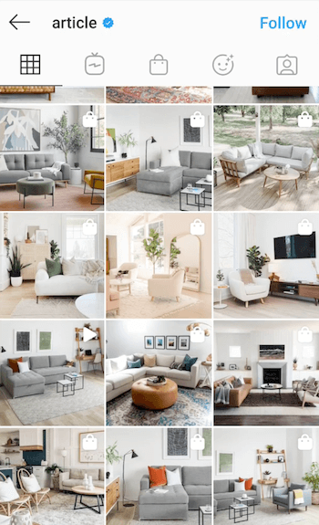 eksempel på skjermbilde av @article instagram-feed som viser deres moderne møbler med mye naturlig lys og en filterstyling som inneholder blått