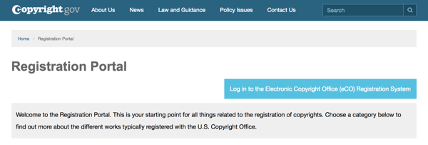 Bruk registreringsportalen på Copyright.gov for å veilede deg gjennom prosessen.
