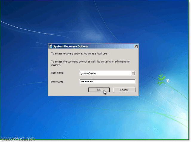 angi brukernavnet og passordet ditt for Windows 7 systemgjenoppretting