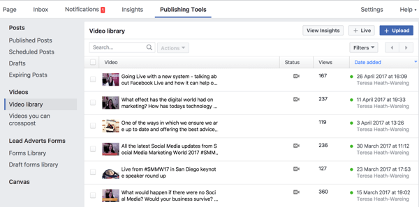 Du kan få tilgang til det komplette Facebook-videobiblioteket ditt under Publishing Tools.