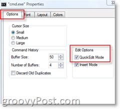 Aktiver Quickedit-modus i Windows Command Prompt-vinduet