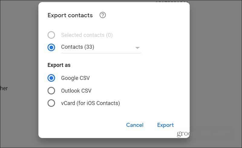 eksporter kontakter