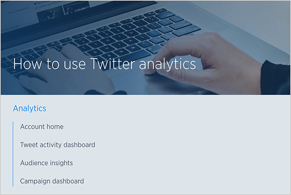 Dette er et skjermbilde av en Twitter-hjelpeartikkel med tittelen "Hvordan bruke Twitter-analyse." I bakgrunnen er et bilde av en hvit persons hender som skriver på et bærbar tastatur. Under bildet er en liste over emner som dekkes i artikkelen: Kontohjem, Tweet-aktivitetsoversikt, Publikumsinnsikt og Kampanje-dashbord.