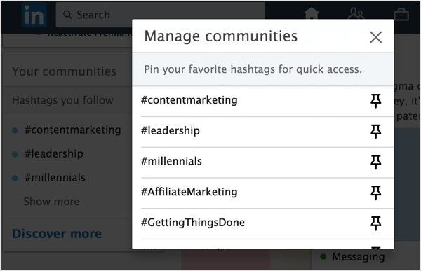 Klikk på Pin-ikonet ved siden av LinkedIn-hashtags du vil legge til i pin i listen din.