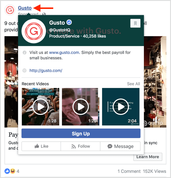 Brukere ser en forhåndsvisning når de holder markøren over en side i Facebook-annonser.