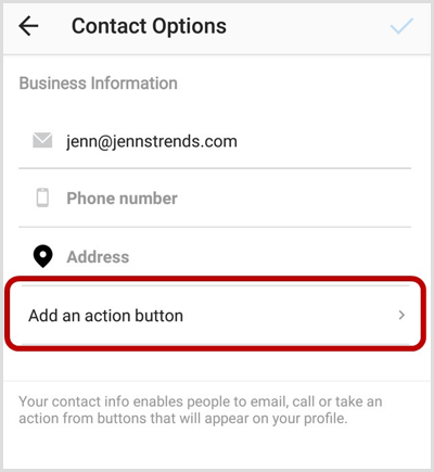 Legg til et alternativ for handlingsknapp på Instagram-kontaktalternativer-skjermen