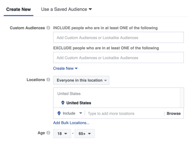 Med en Facebook Messenger-startskjermannonse kan du målrette mot et nytt publikum eller et tidligere lagret eller like publikum.