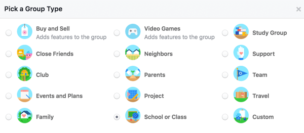 Velg en gruppetype for å la brukerne få vite mer om gruppen din.