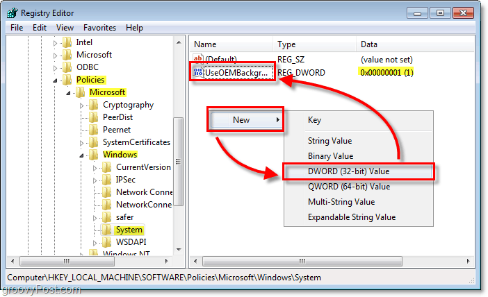bla til windows 7 registernøkkel HKEY_LOCAL_MACHINESOFTWAREPolicyer Microsoft Microsofts Windows System