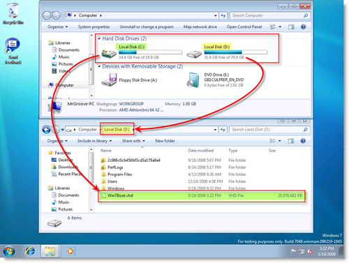 Windows 7 datamaskin som viser VHD Install på D: Fysisk disk