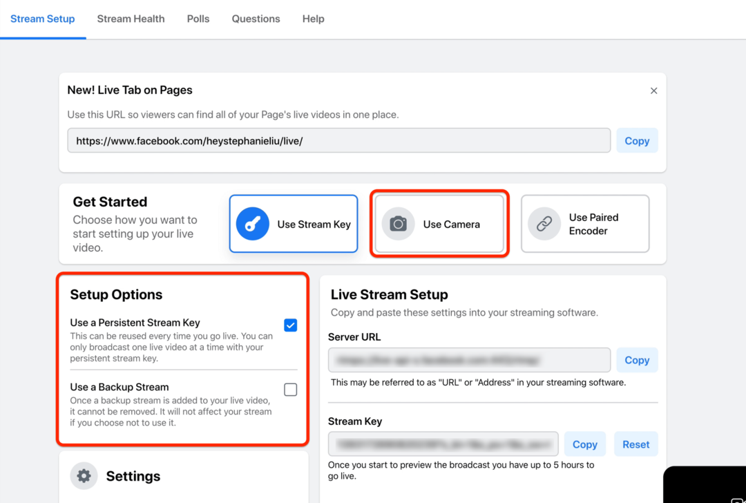 facebook live stream setup alternativer for å bruke et kamera og bruke en vedvarende stream-nøkkel