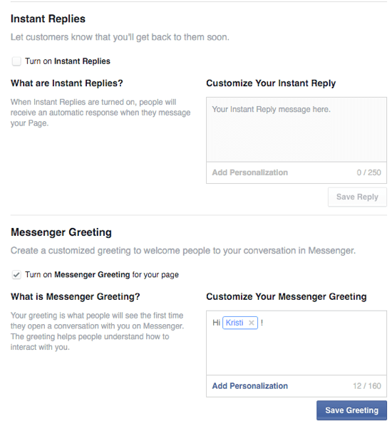 muligheter for øyeblikkelige svar og hilsener på facebook